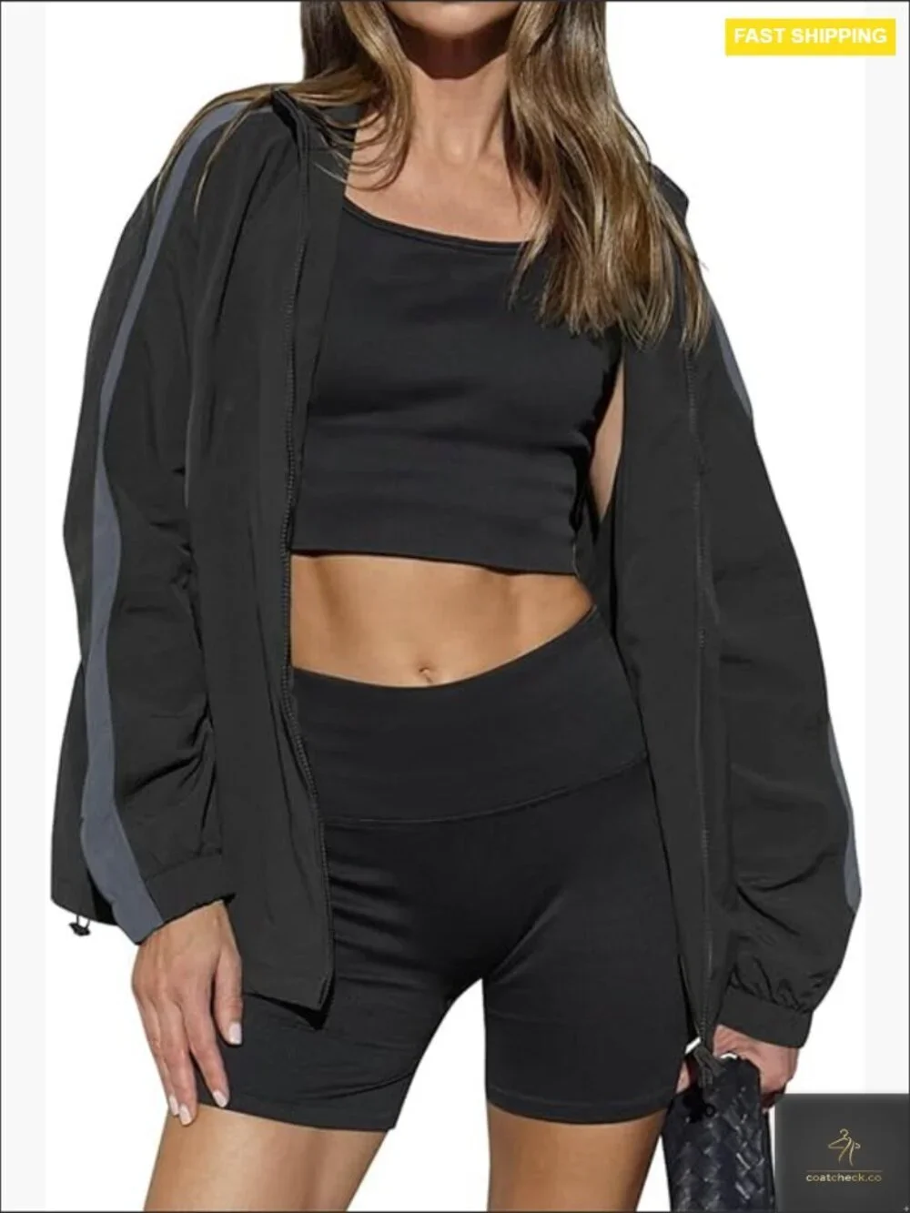 Oversized Color Block Hooded Windbreaker Jacket Casual Lightweight Zip Up Coat